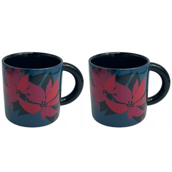 Starbucks 12 Oz Blue Poinsettia Ceramic Holiday Coffee Mug 2021 Set of 2